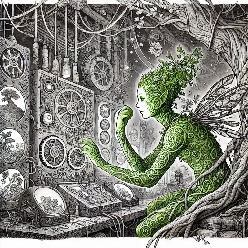 Drawing of a forest green humanoid creature sitting at a full wall of dials and gears that are used to keep the Earth running.