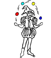 Juggling jester with 4 balls in the air.