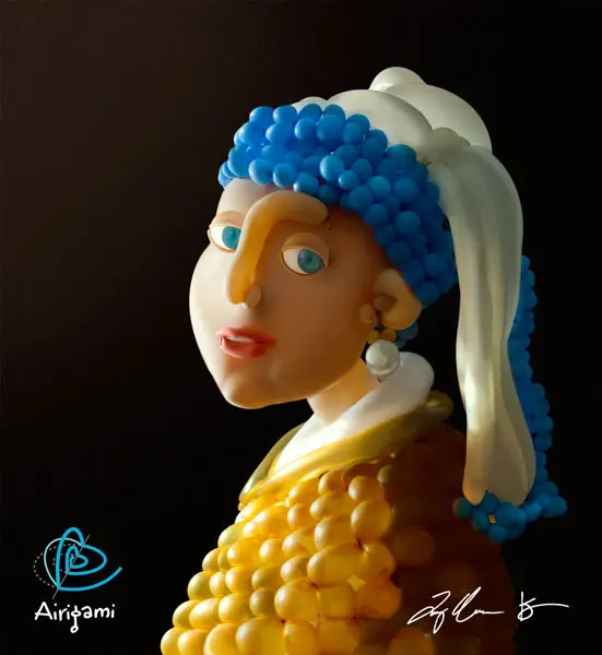 A reinterpretation of Johannes Vermeer's "Girl With A Pearl Earring" made out of balloons.